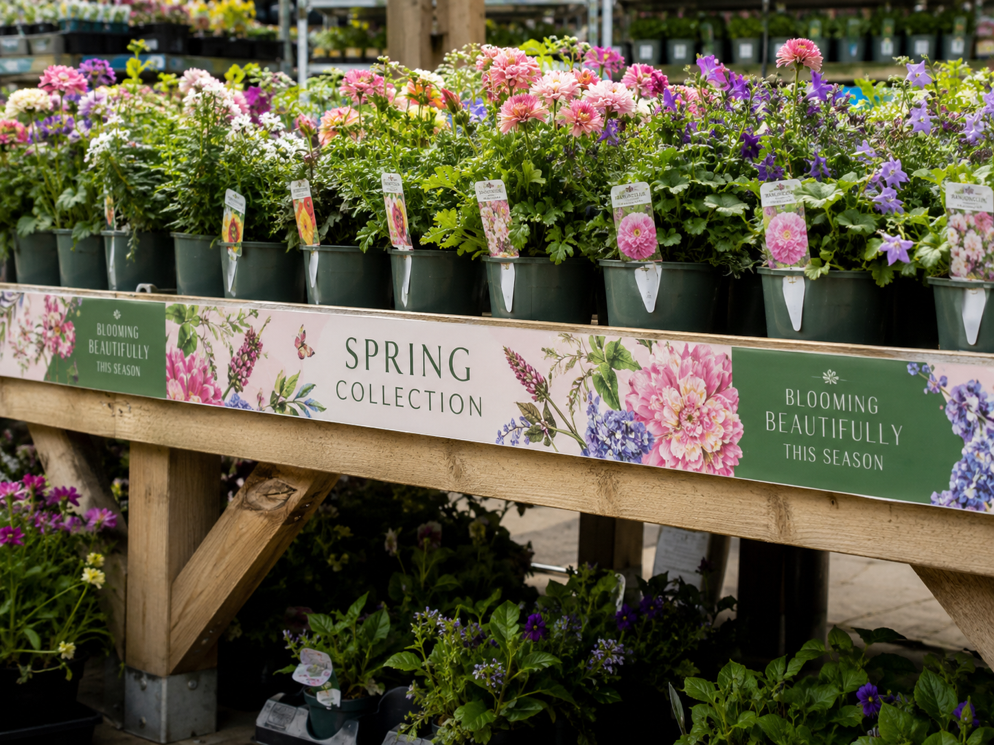 Spring Collection branded bench wrap applied to a wooden plant bench in a garden centre