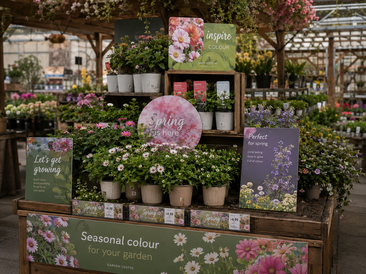 Full spring seasonal POS display in a garden centre with multiple promotional formats