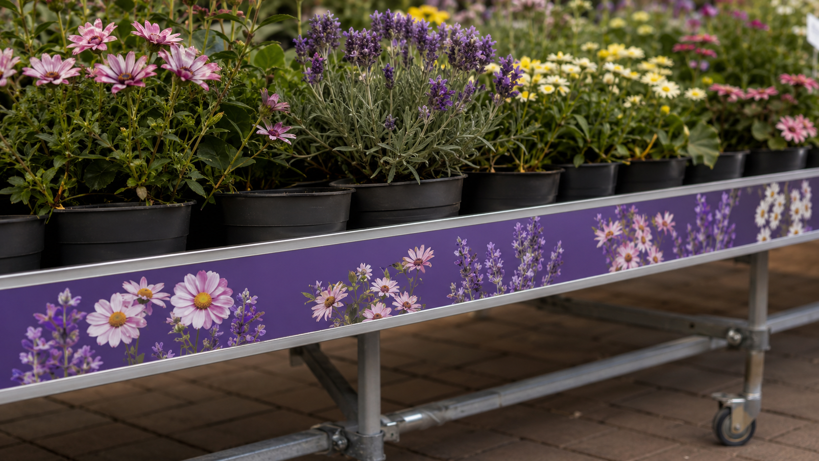 Printed bench tape with floral design applied to a plant display bench