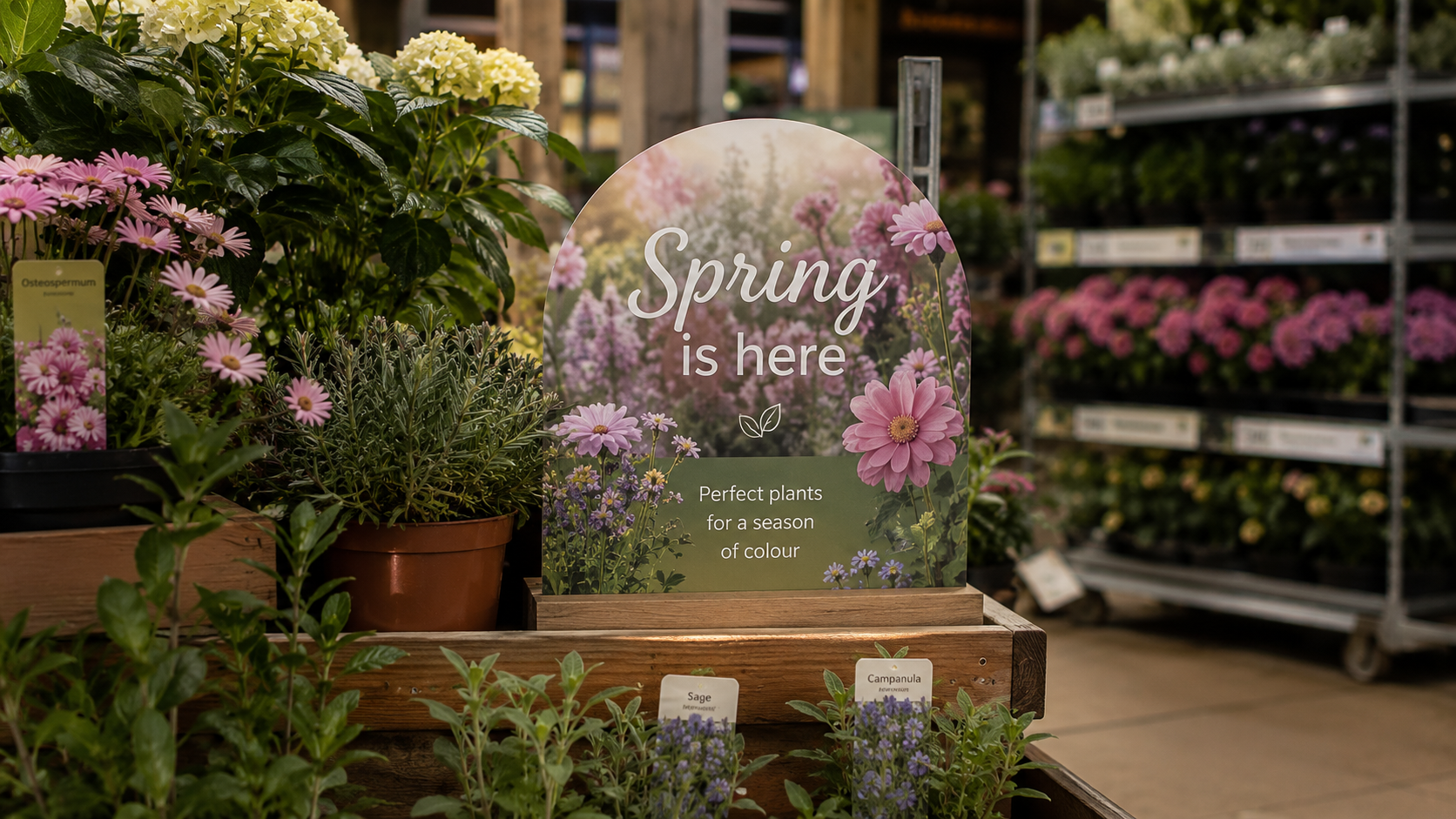 Spring POS display board surrounded by flowering plants in a garden centre