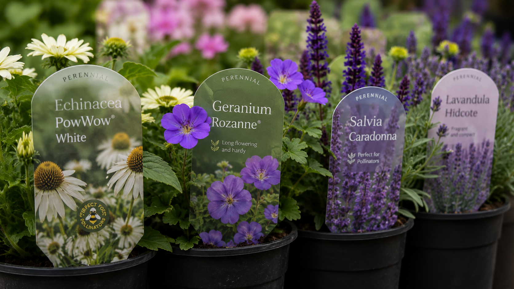 Custom plant labels and hanging tags on perennial plants in a garden centre