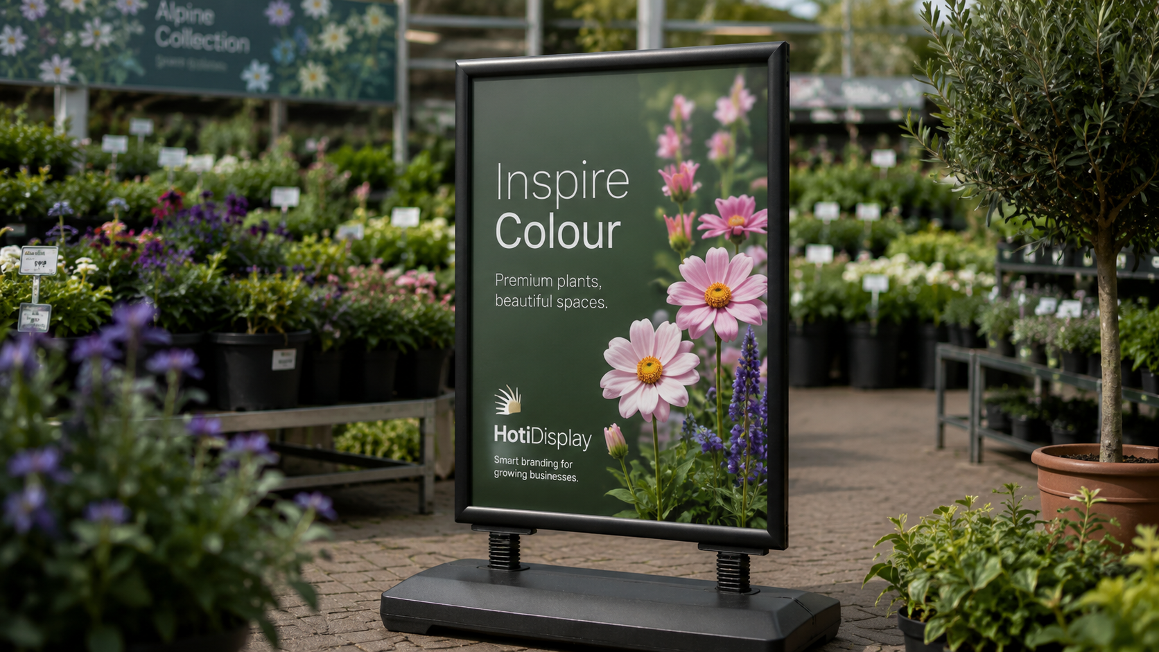 Garden centre A-board signage displaying Inspire Colour promotional message