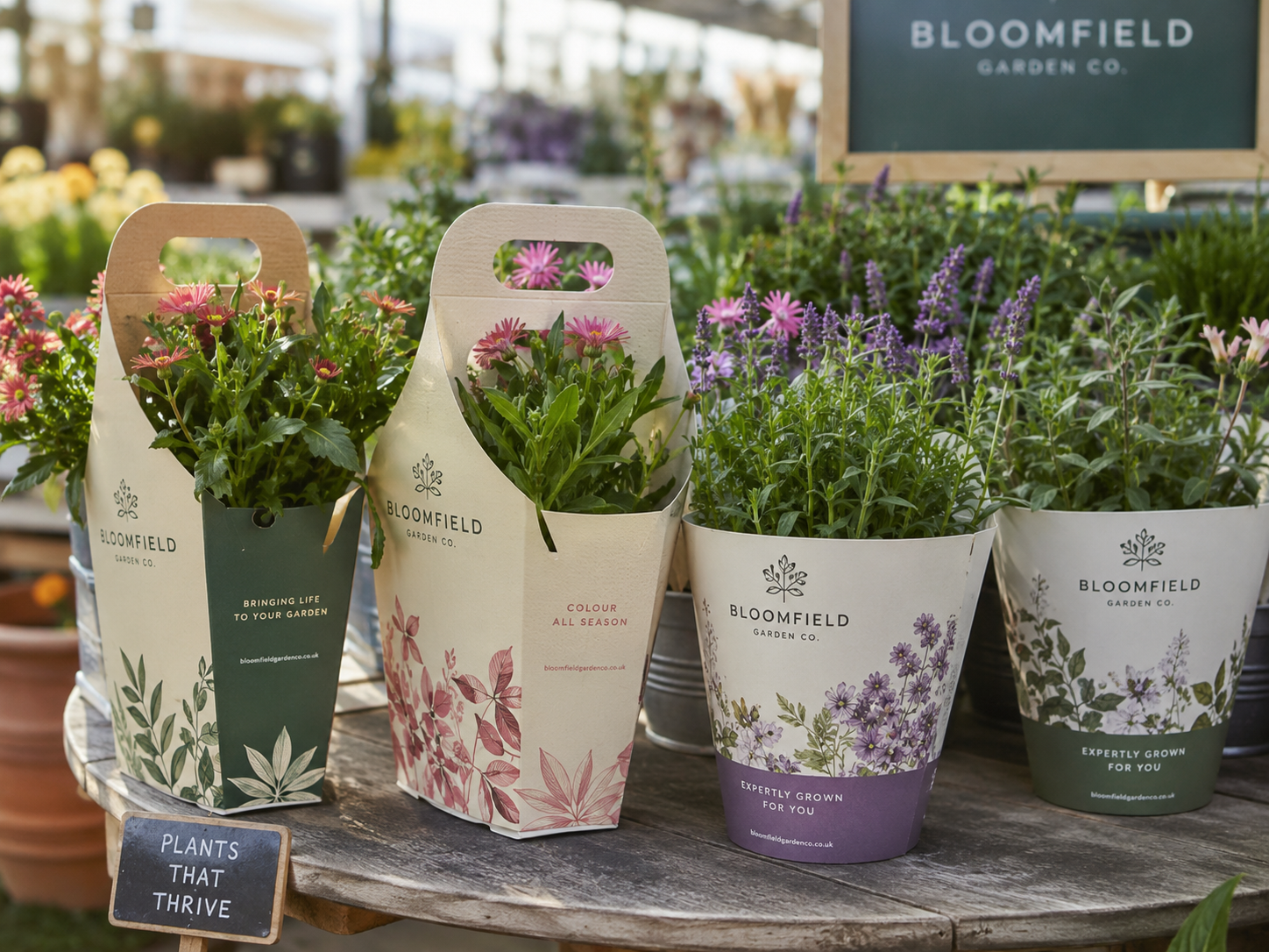 Bloomfield Garden Co branded carry handle bags and printed plant pots displayed on a table