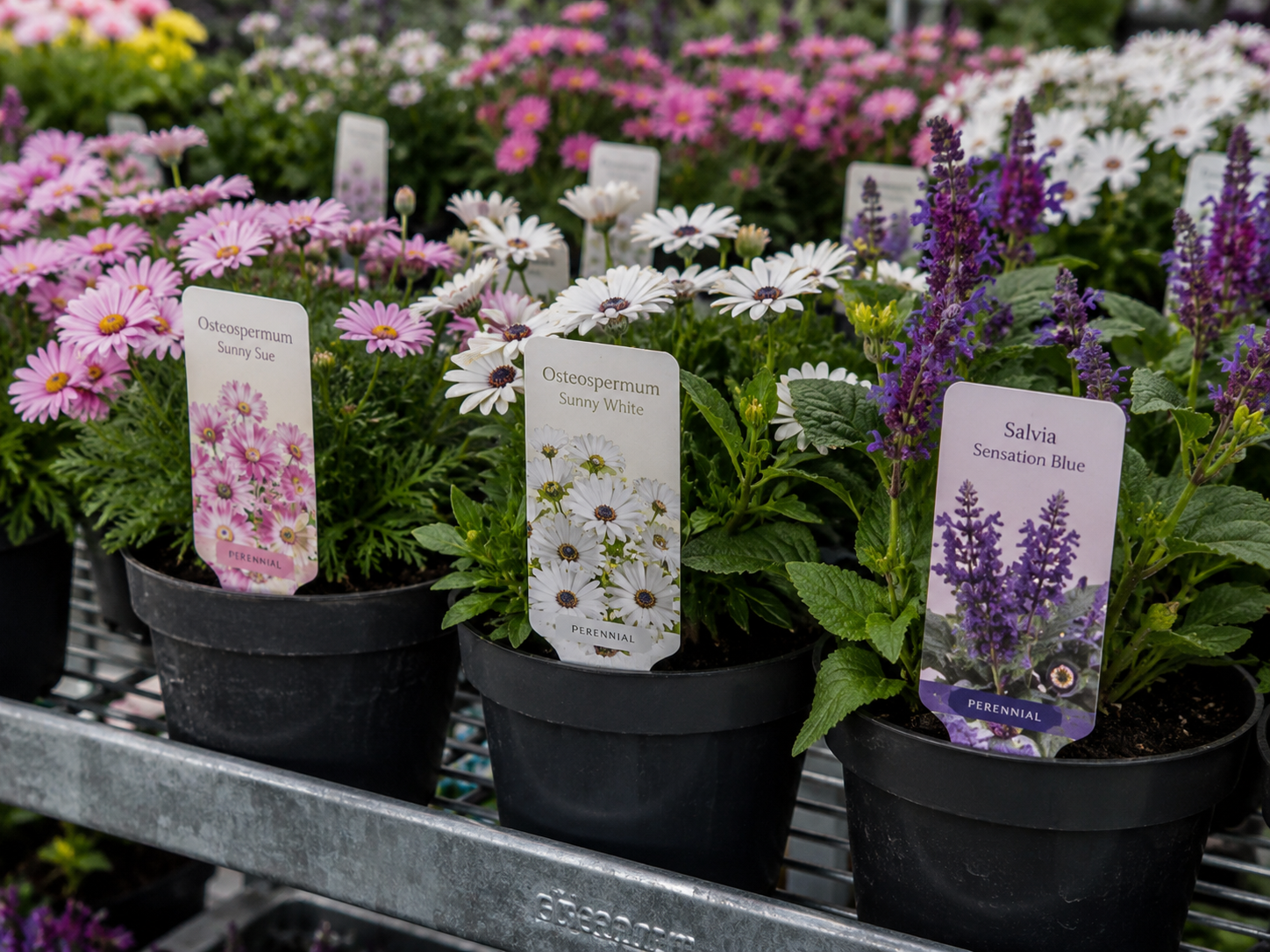 Branded stick-in plant labels displayed in pots of flowering plants on a nursery shelf