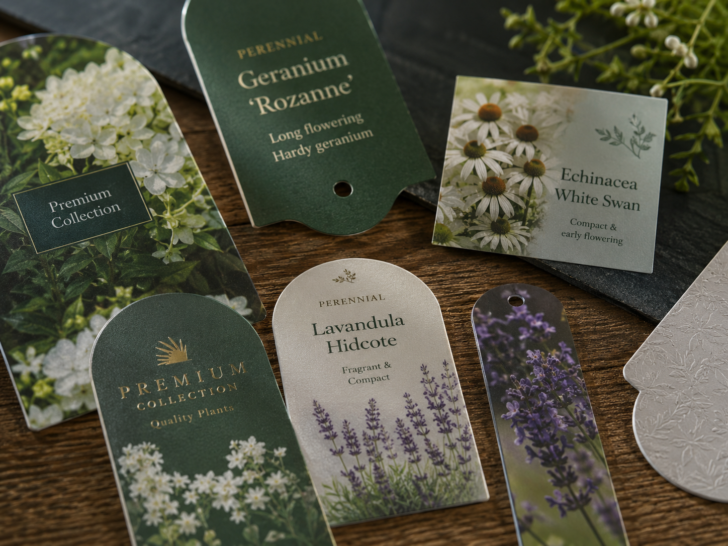 Close-up of premium hanging tags and plant label designs laid out on a wooden surface
